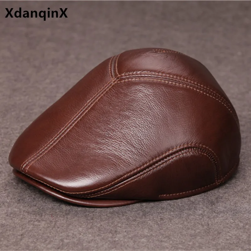 

XdanqinX new natural genuine leather hat winter warm men's berets hats cowhide leather cap thick warm Dad winter hat brands caps