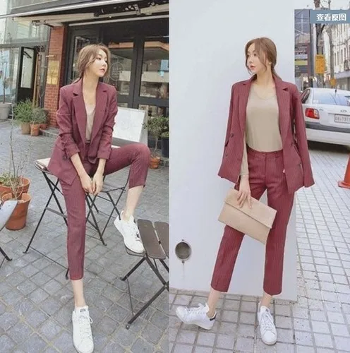 Herfst vrouwen gestreept pak mode casual pak jasje vrouwelijke en najaar Professional werk twee stuk pak - Цвет: 5