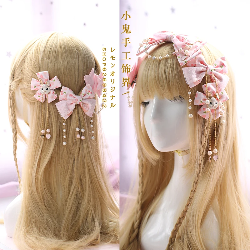 Japanese cherry bow lace KC headband tassel side clip rabbit beaded hair accessories head rope women | Тематическая одежда и