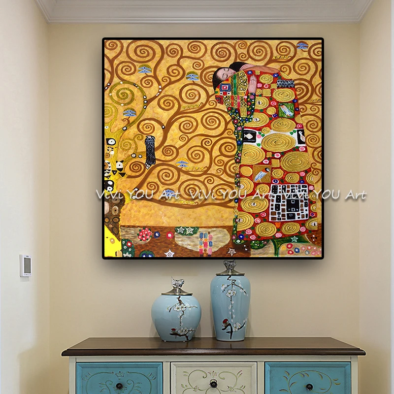 

Hand painted Gustav Klimt the Fulfillment Reproduction Oil Painting on Canvas Wall Pictures for living room bedroom decoration