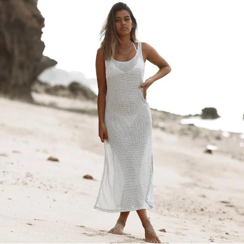 Women's SwimsuitK Bikini Cover Up Women Girl Bikini Long Dress Sexy Fish Net Sleeveless Dresses Summer Bathing Suit 2020 New bathing suits and cover ups