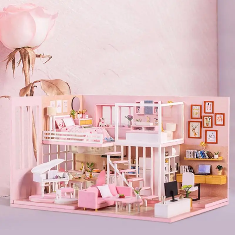 DIY Розовый вилла детские игрушки Миниатюрный Кукольный домик с мебелью Каса деревянные игрушки для детей Poppenhuis подарок на день рождения игрушка для девочки