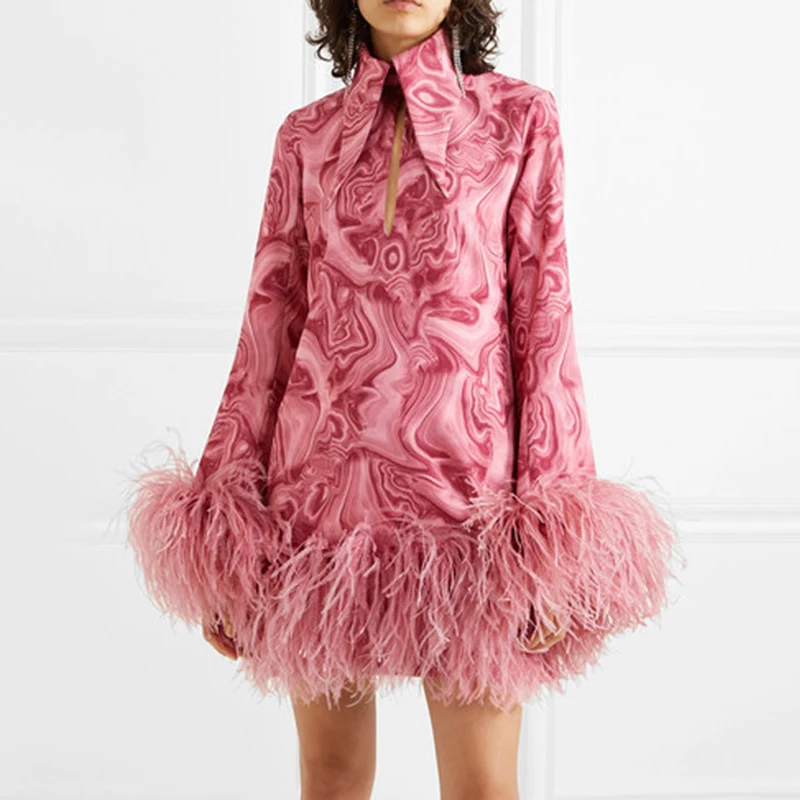 

HIGH QUALITY Newest 2019 Designer Runway Dress Women's Gorgeous Floral Print Feather Embellished Dress