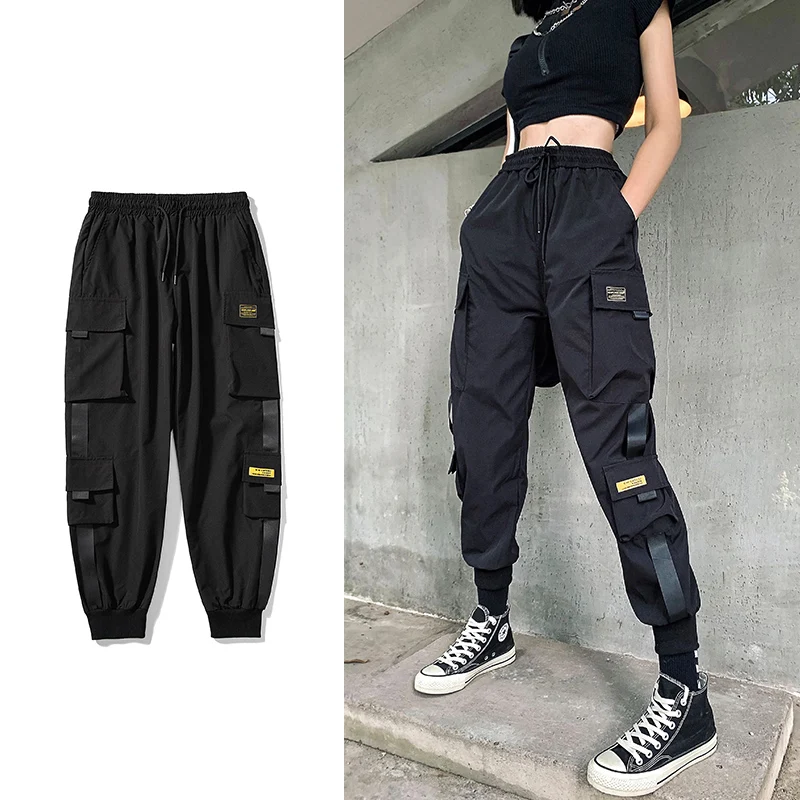 Pantalones de bolsillos grandes las mujeres de cintura alta ropa informal suelta pantalones táctico pantalones Hip Hop; Alta calidad camisetas Pantalones Mujer