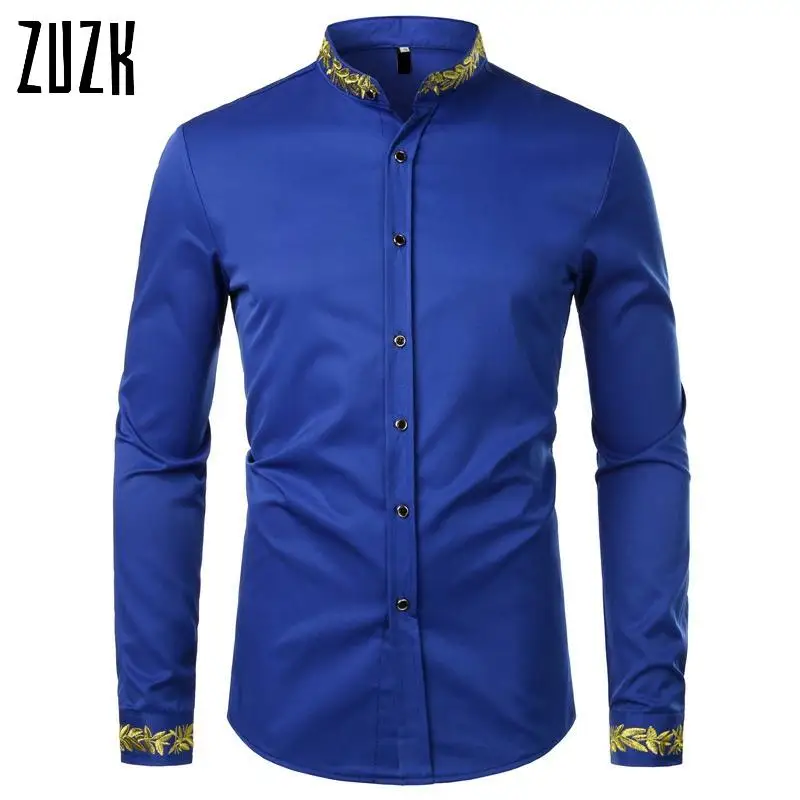 

Blue Embroidery Shirt Men Mens Dress Shirts Stand Collar Button Up Shirts Chemise Homme Camisa Masculina