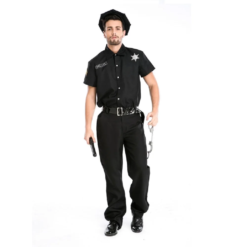 

New Style Black Mens Police Costumes Halloween Carnival for Men Policeman Uniform Short Sleeve Fancy Cosplay Party Clothing