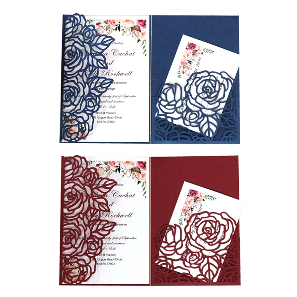  10Pcs Wedding Invitation Cards Floral Laser Cut Paper Cover Craft Envelopes Set - 4000077928276