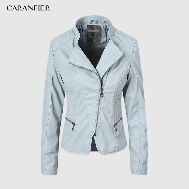 CARANFIER, женская кожаная куртка, мотоциклетная, осенняя, с длинным рукавом, на молнии, Куртки из искусственной кожи, 6 цветов, женские пальто, верхняя одежда
