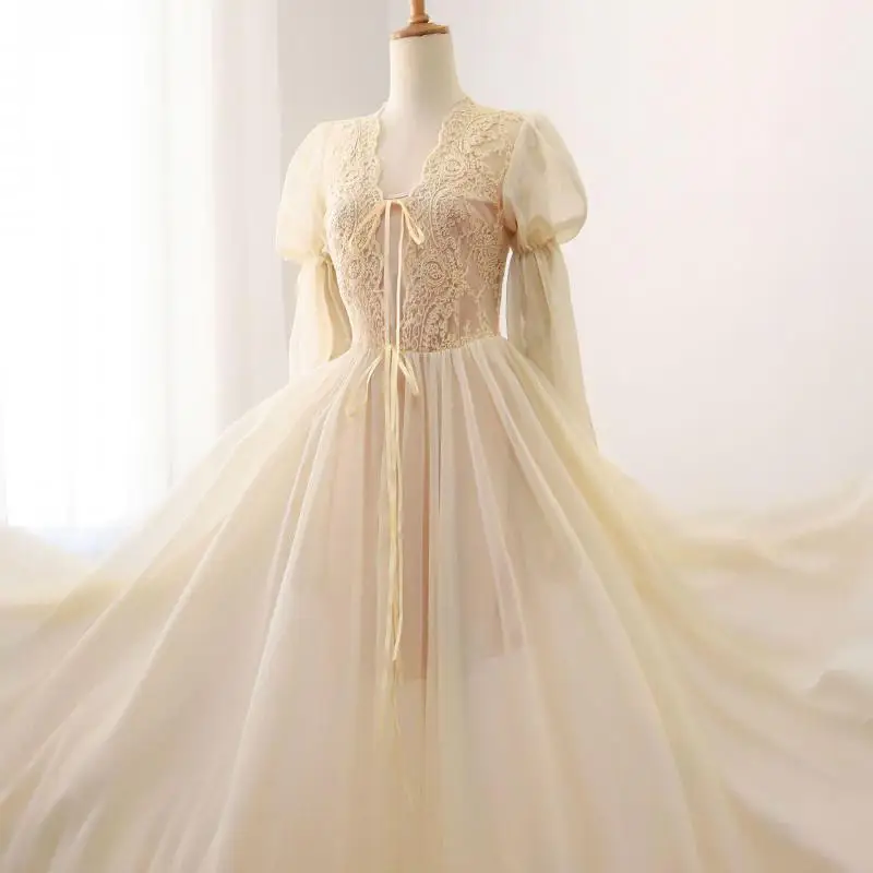 رداء نوم نسائي دانتيل كم طويل