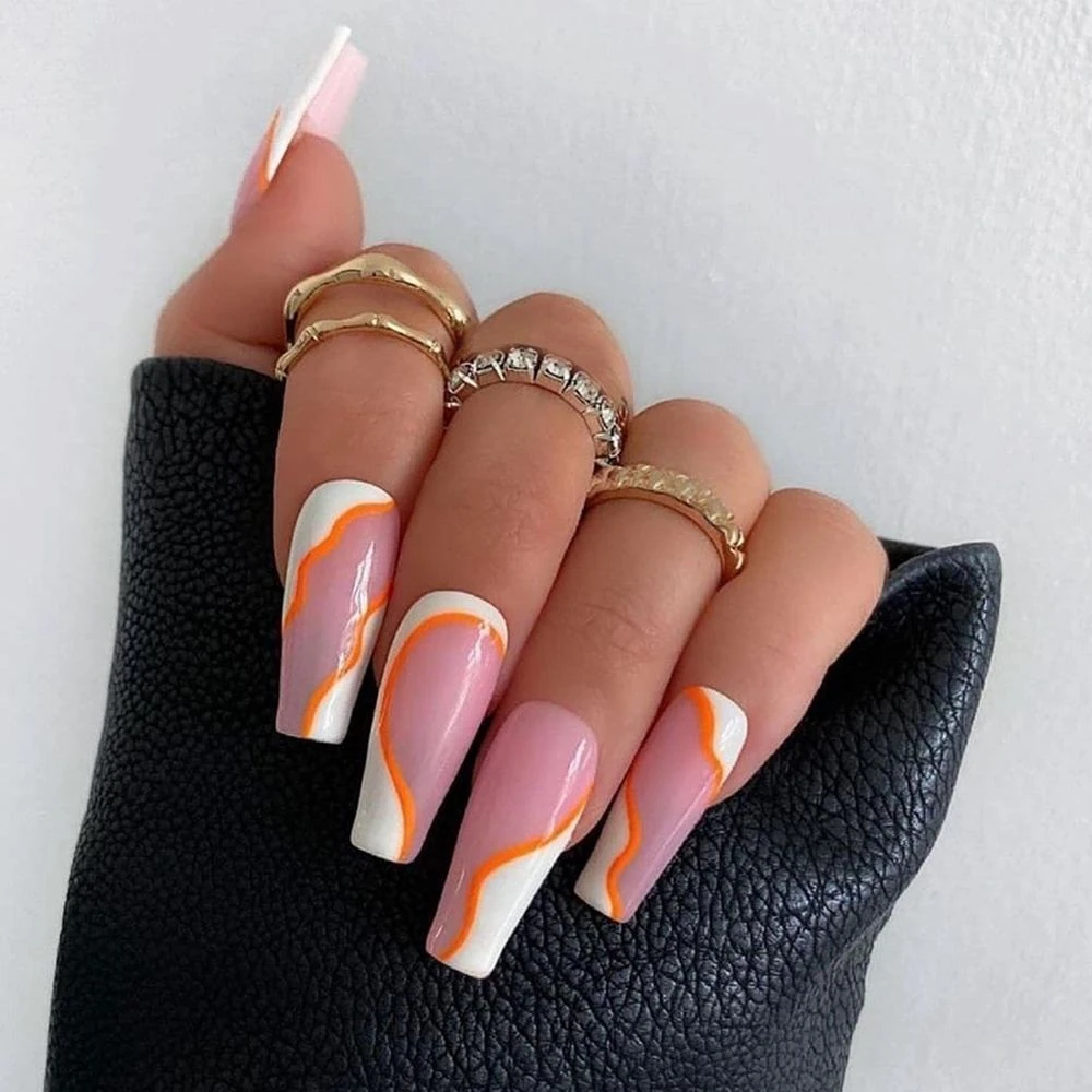 24pcs/Set Coffin Fake Nails Detachable Long Color Matching Wave Pattern  False Nails with Sticker Faux Ballerina Nail Art Tips| | - AliExpress