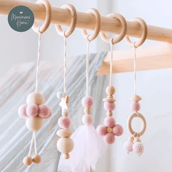 

5pcs Baby Gym Play Nordic Style Wooden Baby Toys Nursery Sensory BPA Free Organic Material Wooden Frame Infant Room Rattles Toys
