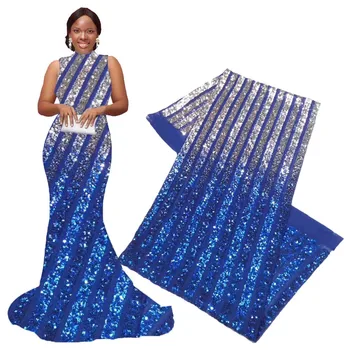 

Royal Blue Silver African Sequins Lace Fabric French Embroidery Sequin Tulle Fabric African Lace Fabric For Aso Ebi Wedding