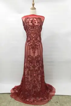 

Latest Red color Sequins Lace Fabrics High Quality African French Tulle Mesh Lace Fabrics with Sequins for Wedding dress XDC03