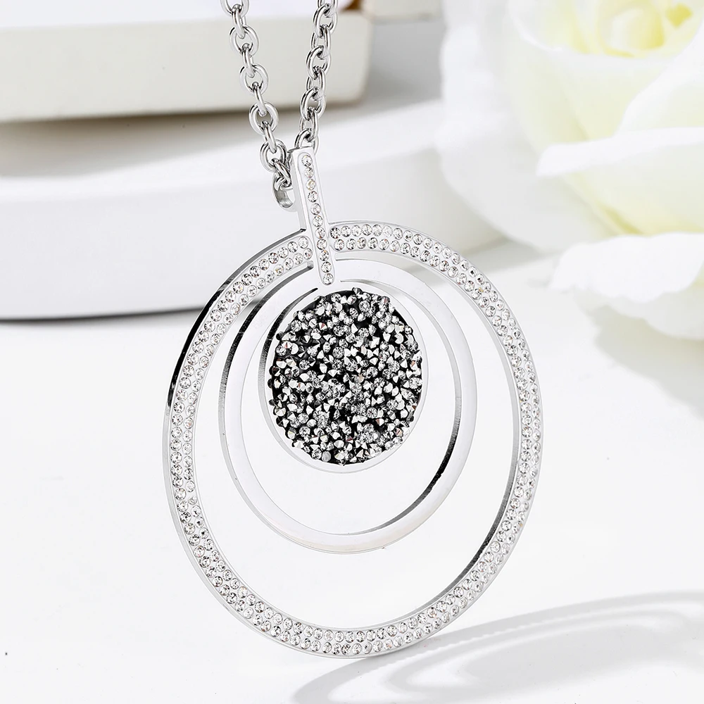 

3 Circle Silver Crystal Hollow Pendant Necklace For Women Big Round Stainless Steel Female Jewelry Gift Choker joias feminina