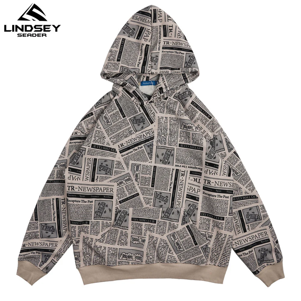 LINDSEY SEADER Newspaper Pattern Men's Hoodies Sweatshirt Winter Warm Fleece Cotton Harajuku Oversize Streetwear Clothing | Мужская