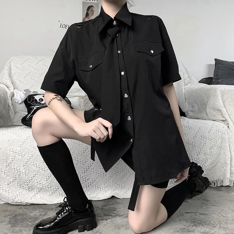 Goth Girl Blouse 2020 New Summer Fashion Jk Tie Short Sleeve Loose Harajuku Punk Grunge Style Streetwear Dark Black Femme | Женская