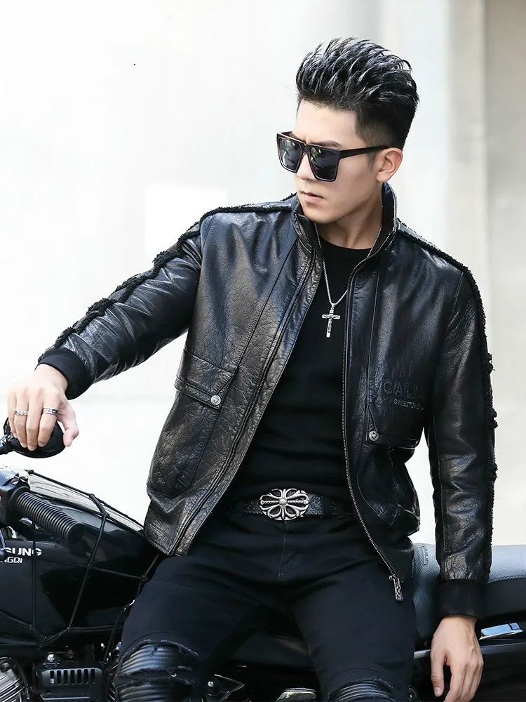 Abbigliamento protettivo Giacca da moto da uomo in pelle con colletto e  colletto Giacche topodiumgroup.com