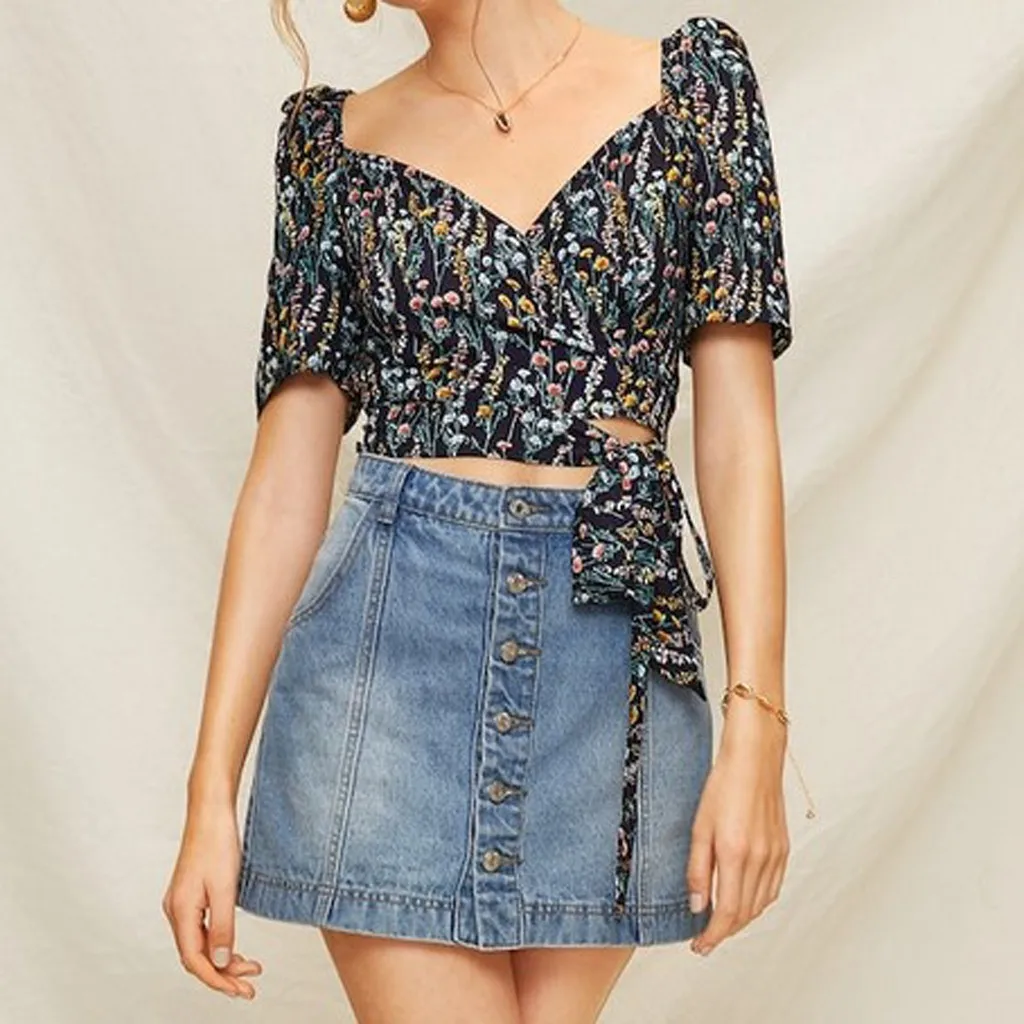New Fashionable Women T-shirt Sexy V-neck Short Sleeve Floral Print Strap Lady T Shirt Fashion Summer Wild Tops XL | Женская одежда