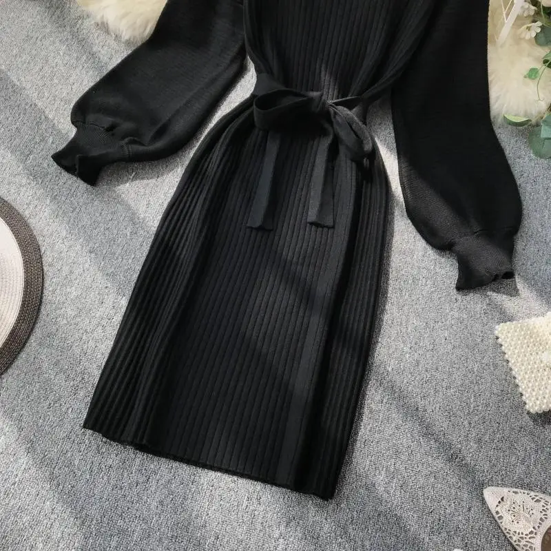 ALPHALMODA, осень, Женский пуловер с длинным рукавом и поясом, Повседневное трикотажное платье, длина до колена, однотонное простое зимнее платье-свитер