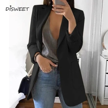 

Autumn Concise Suit Coat Ladies Stylish Long Sleeve Cardigan Solid Coat Women Elegant Pocket Slim Plus Size Suit Coat S-5XL 2019