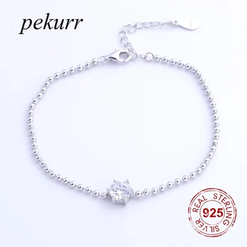 

Pekurr 100% 925 Sterling Silver CZ Zircon & Ball Bead Bracelet For Women Bead Chain Jewelry Wedding Party Gifts