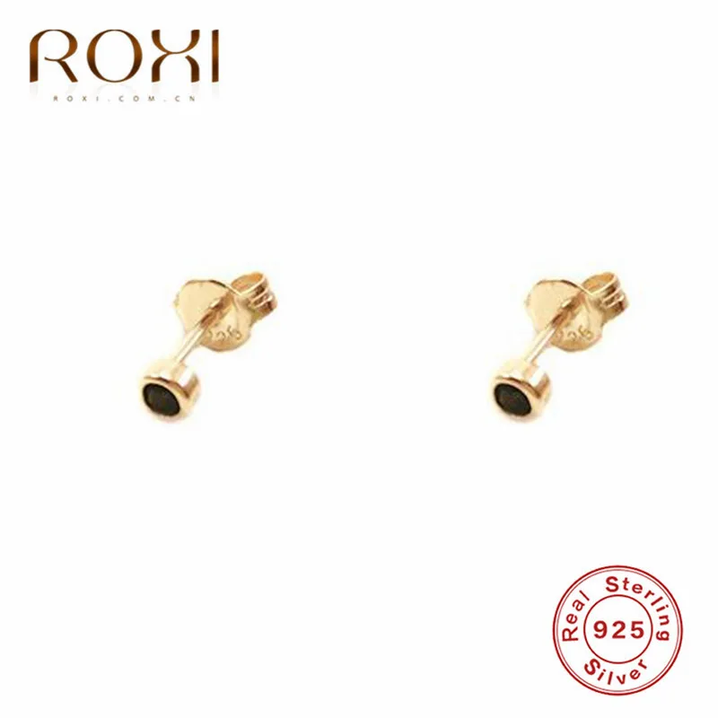 gold ROXI простые круглые серьги-гвоздики для женщин, черный камень, мини серьги-гвоздики, Серебро 925 пробы, серьги, корейские ювелирные изделия в стиле минимализма - Окраска металла: gold