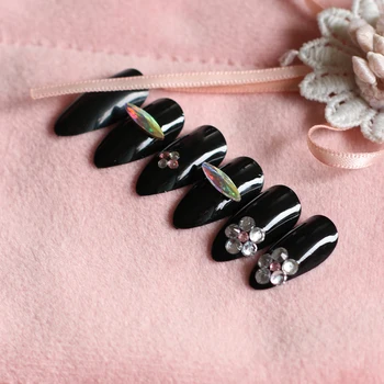 

24pcs Luxury handmade full diamond candy color crystal diamond fake nail black