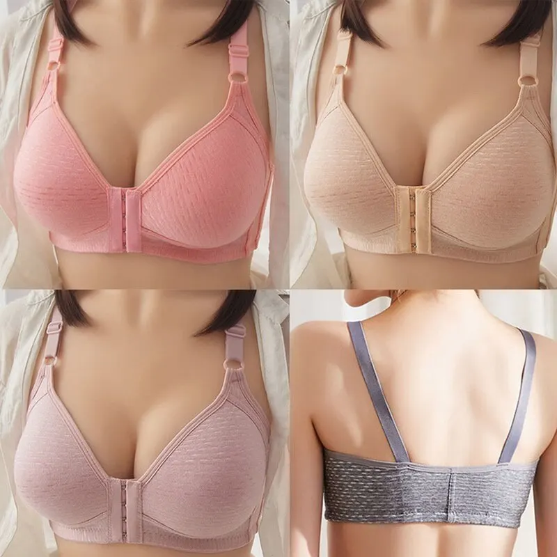 Women Front Buckle Bra Push Up Breathing Bra Solid Color Bra Gathered Bra Wireless Bra Comfortable Underwear Without Steel Ring