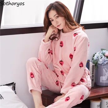 

Pajama Sets Women Winter Flannel Warm All-match Simple Printed Sweet Pullover Leisure Womens Soft Pajamas Thicker Students Chic
