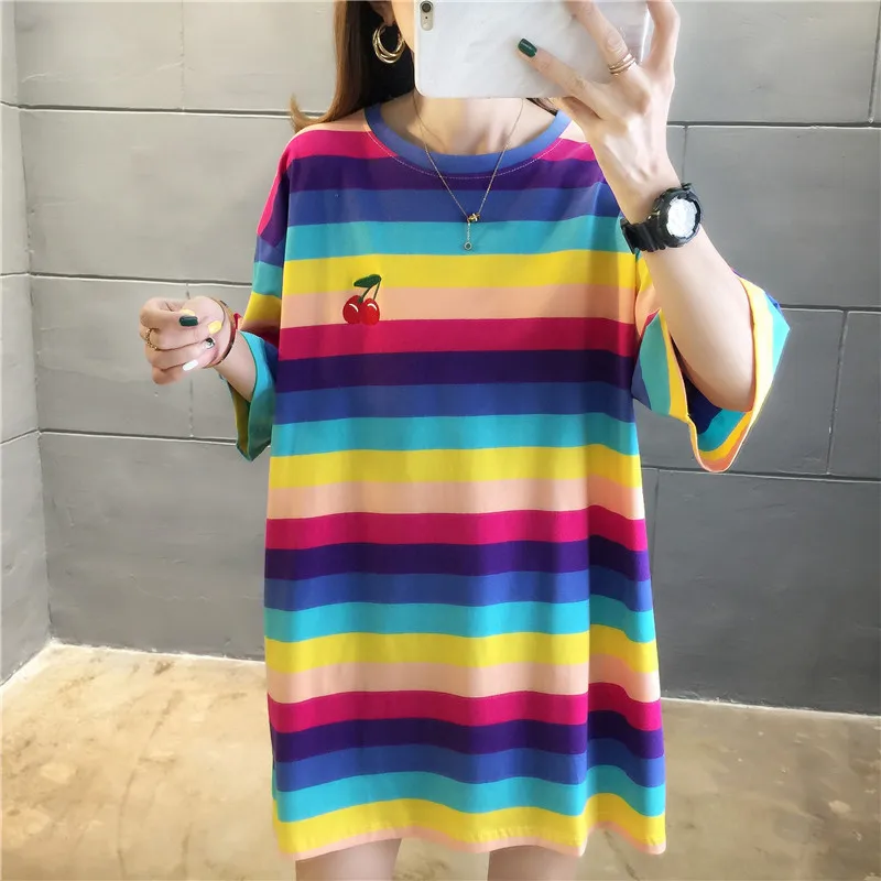 Summer Boyfriendy Loos Rainbow Striped T-shirts Women Plus Size Streetwear Harajuku Oversized T Shirt Casual Femme Tops Tees