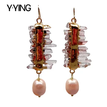 

Y·YING Natural Red Lepidocrocite Quartzs Druzy rough Cultured Pink Rice Pearl Hook Earrings