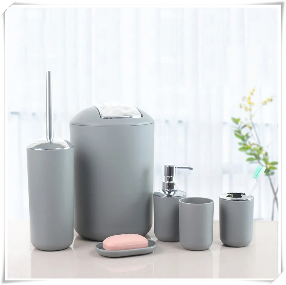 gray bathroom set MSJO Ванная комната набор аксессуаров Nordic домашнего декора дозатор жидкого мыла чашка для полоскания рта мусорный бак мыльница 6 шт./компл. Ванная комната комплект - Цвет: gray bathroom set