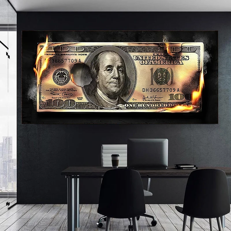 American Money Posters U.S. Dollar Canvas Painting Wall Pictures Fire Money Franklin Prints Home Office Living Room Decoration