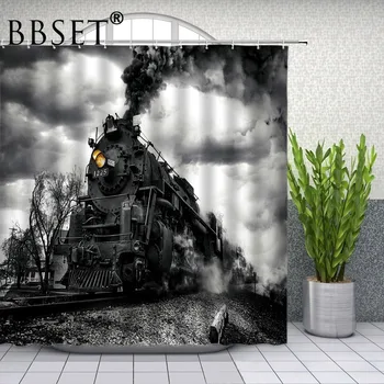 

Retro Bathroom Shower Curtain Train Steam Engine Pattern Bath Curtain Polyester Curtains Waterproof Shower Curtain for Bathroom