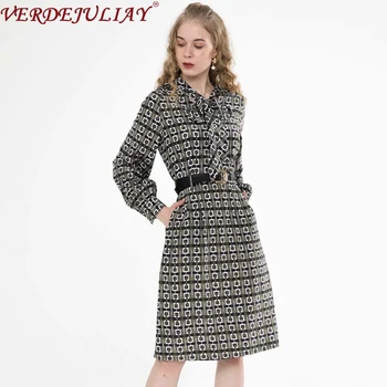 

VERDEJULIAY English Style Vintage Plaid Print A-Line Dresses Belt Office Lady 2020 Spring New High Street Fashion Midi Dress