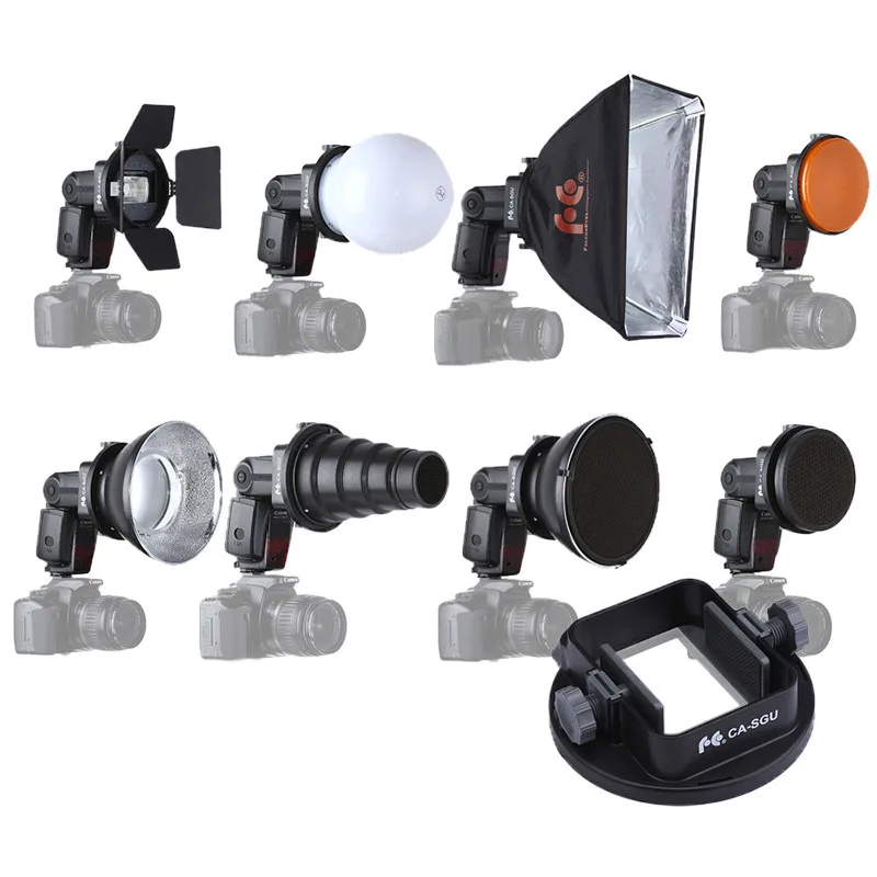 

9PCS K9 Flash Speedlite Accessories kit Conical Snoot + Reflector + Diffuser + Honey Comb + Softbox + gels + Barndoor + Mount