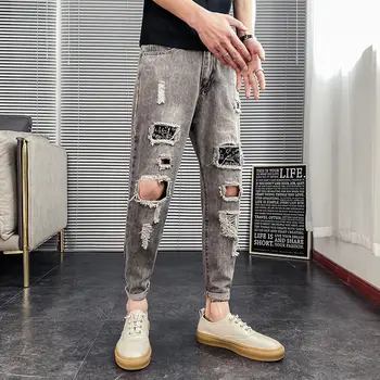 

Erkek Jean Pantolon Spring Streetwear Hip Hop Jeans Male Nine Part Haren Pants Hole Denim Trousers Jeans Hombre Moda Hombre 2020