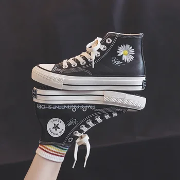 

2020 Fashion Trends Women Shoes Leather Daisy Embroidery Solid Color Girl White Sneakers Casual Chic High Top Lace 35-40 Spring