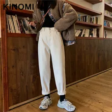 KINOMI, зимние, белые, коричневые, джинсовые штаны-шаровары с высокой талией, шикарные, свободные джинсы, корейский стиль, повседневные брюки с карманами(без пояса