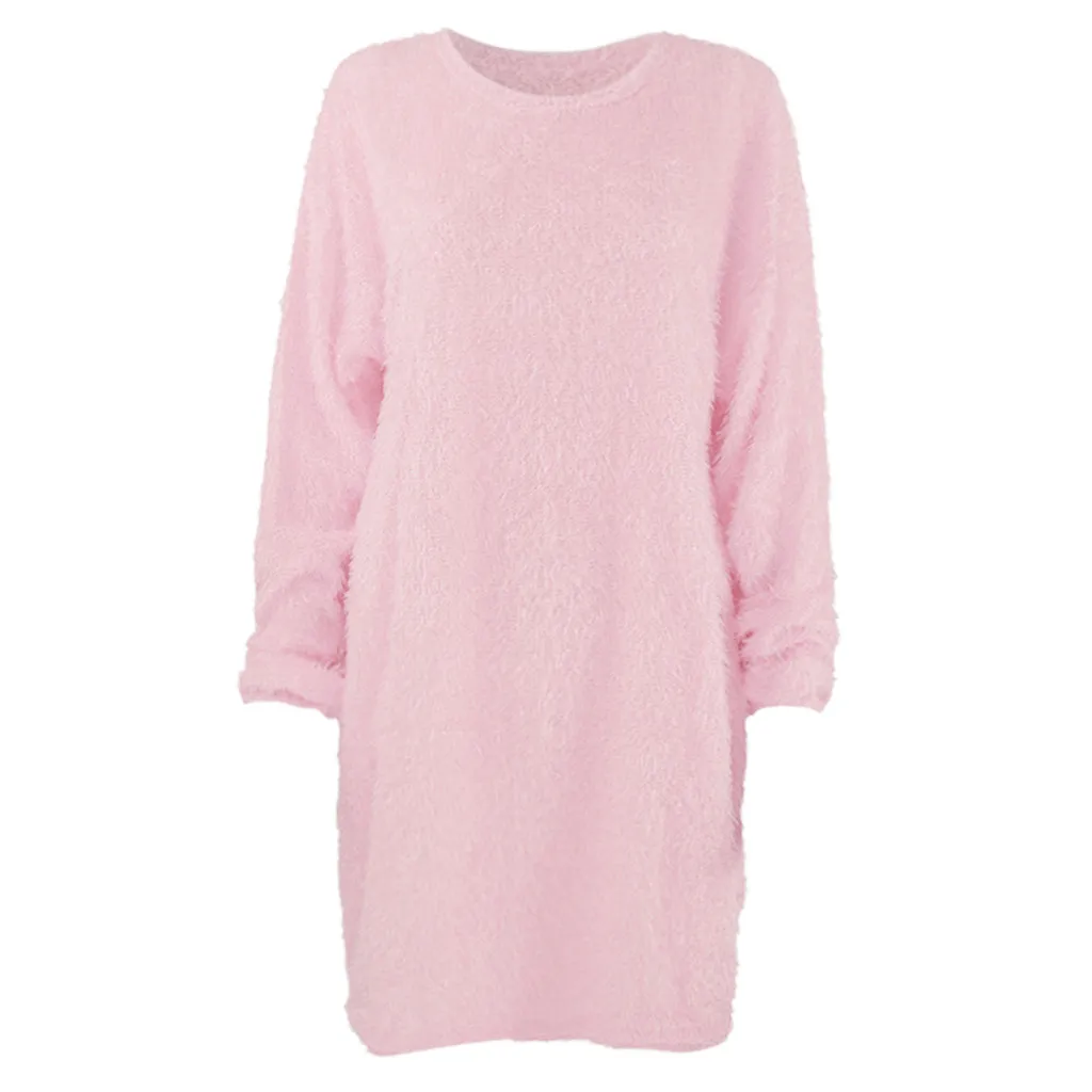 Женское зимнее вязаное платье-свитер, Осень-зима, мини-платье с круглым вырезом, длинный рукав, теплый свитер, платья с карманами, Vestidos De Festa - Цвет: Pink