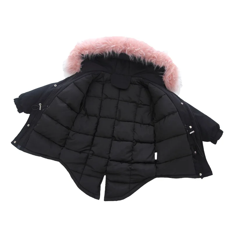 Зимние Детские хлопковые пальто для девочек детская теплая куртка с капюшоном и большим меховым воротником Верхняя одежда с талией для подростков парки, одежда для детей от 4 до 6 лет