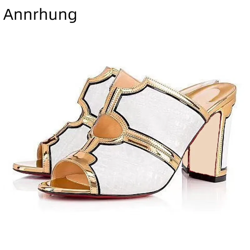 

Latest Leather Patchwork Women Shoes Slippers Fashion Peep Toe Hollow Slides Sexy White Mixed High Heels Outwear Slippers 2019