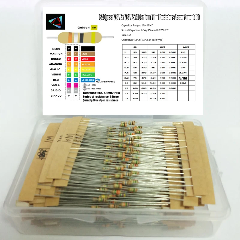 640pcs 64 Values 1R-10MR 1/8W 5% 0.125W Carbon Film Resistor Assorted Kit Set carbon film resistor