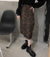 

Spring Autumn Women Long Skirt Cotton side slit A-line Leopard skirts Korean fashion style Ladies skirt kobieta spódnice