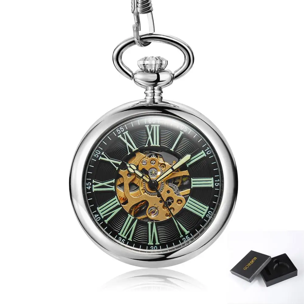 Антикварные Серебряные Механические карманные часы с цепочкой в стиле стимпанк, Скелетон, часы с ручным подзаводом, часы с подвеской для мужчин и женщин, подарок - Цвет: PM200 with box