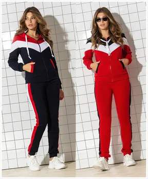

Spring Autumn Tracksuit Patchwork Two Piece Set Women Hooded Zipper Coat And Pants Suit Casual Female Outfits Chandal Mujer Ropa