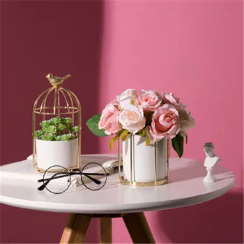 

Nordic Ceramic Vase with Fake Flower Metal Hollow Dining Table Vase for Wedding Tabletop PlantsContainer Home Decoration Pot