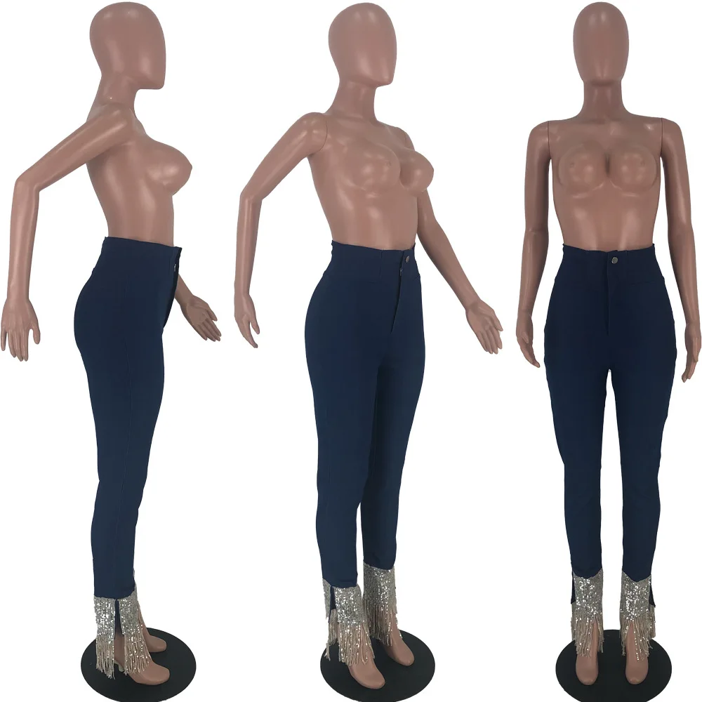 Latest Fashionable Sequins Tassels Women Jeans New High Waist Skinny Pencil Jeans Split Blue Denim Casual Pants Real Photo