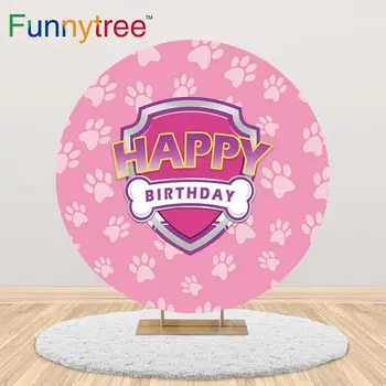 

Funnytree Round Photography Background Shield Pink Dog Paws Bone Baby Shower Girl Birthday Party Backdrop Table Cover Decor