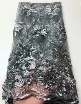 

Fashions Embroidered with gray Nigerian Lace fabric for Wedding High Quality French Tulle Lace Fabric with Beads FJU23
